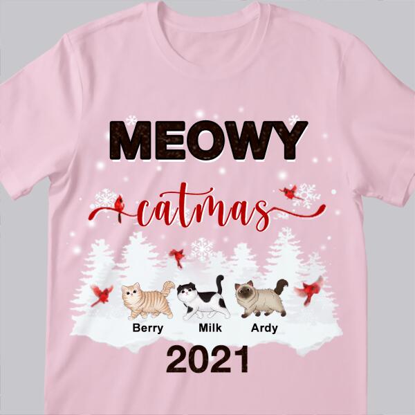 Meowy Catmas, Pine Forest & Cardinal Birds, Personalized Cat Breeds T-shirt, T-shirt For Cat Lovers
