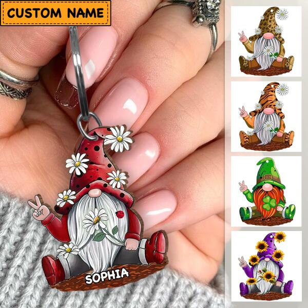 Personalized Lovely Gnome Custom Name Wooden Keychain Gift For Valentine Day