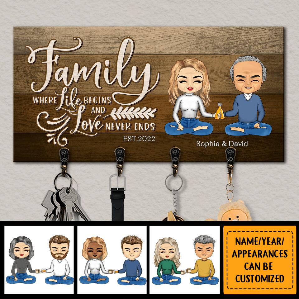 Family, Where Life Begins And Love Never Ends - Personalized Couple Family Wooden Key Hanger