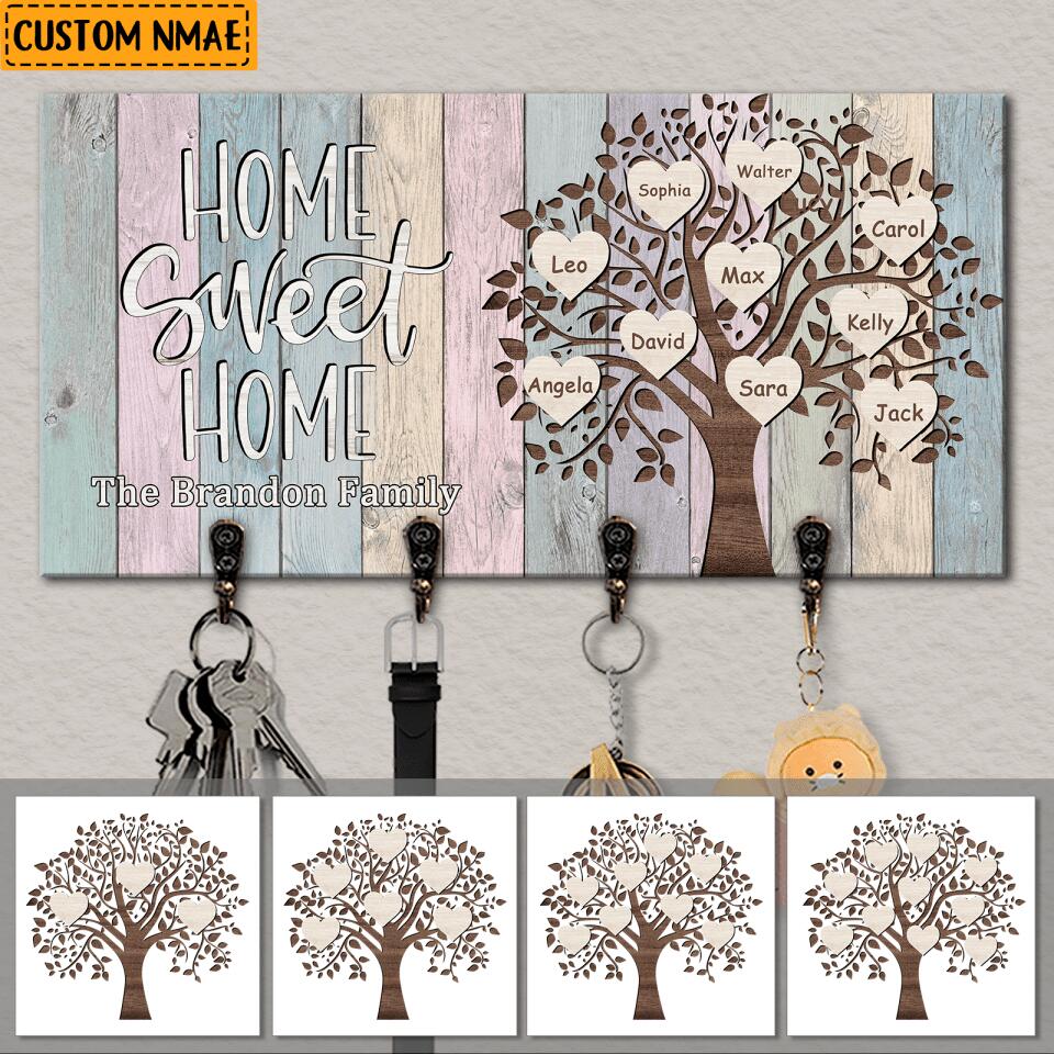 Home Sweet Home - Personalized Couple Family Tree Custom Name Wooden Key Hanger