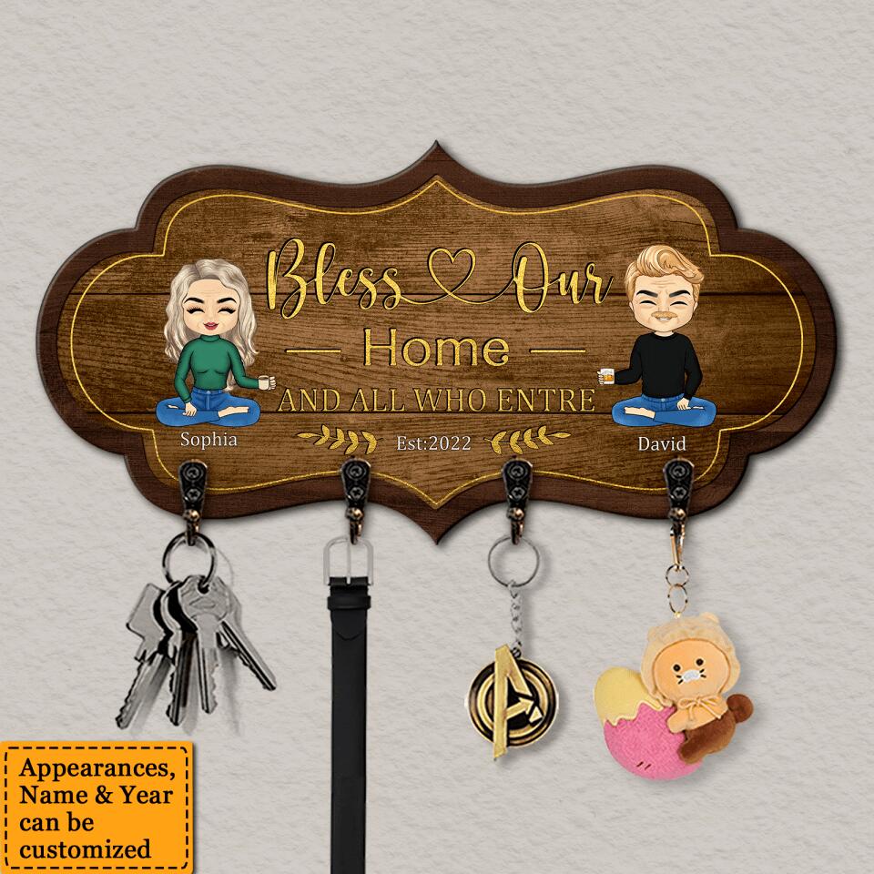Bless Our Home And All Who Enter - Personalized Couple Family Wooden Key Hanger