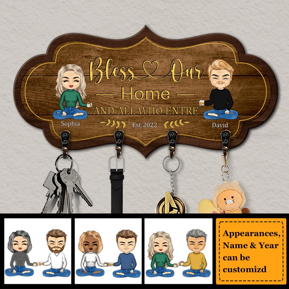 Bless Our Home And All Who Enter - Personalized Couple Family Wooden Key Hanger