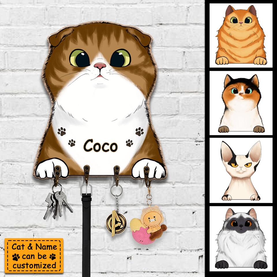 Personalized Cat Shaped Custom Name Pet Wooden Key Hanger