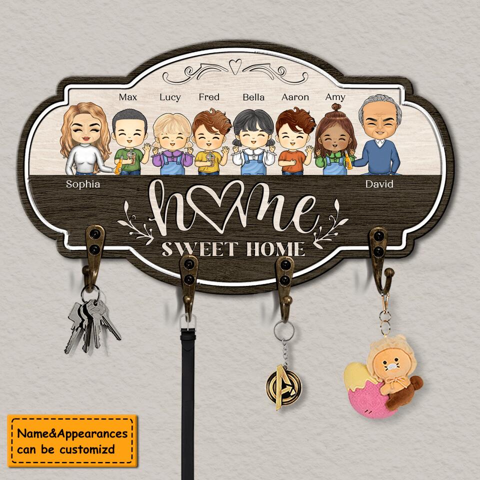 Home Sweet Home - Personalized Parents & Kids Gift For Family, Husband Wife Wooden Key Hanger