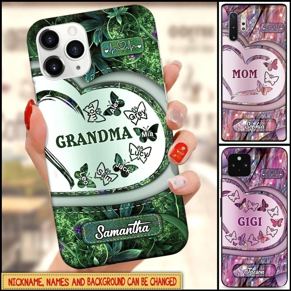 Sparkling Grandma- Mom With Butterfly Kids, Multi Colors Personalized Glass Phone Case