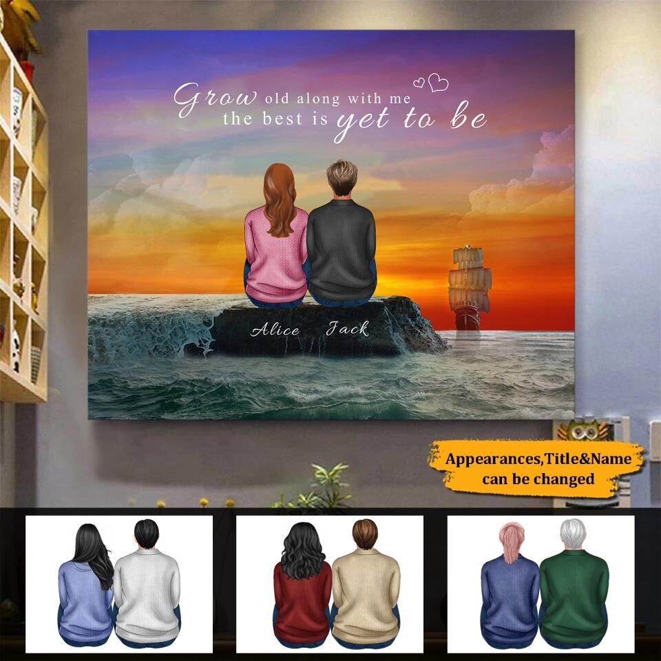 Personalized Back View Couple Sitting by the Sea Watching Sunset Landscape Canvas, Gift For Lover