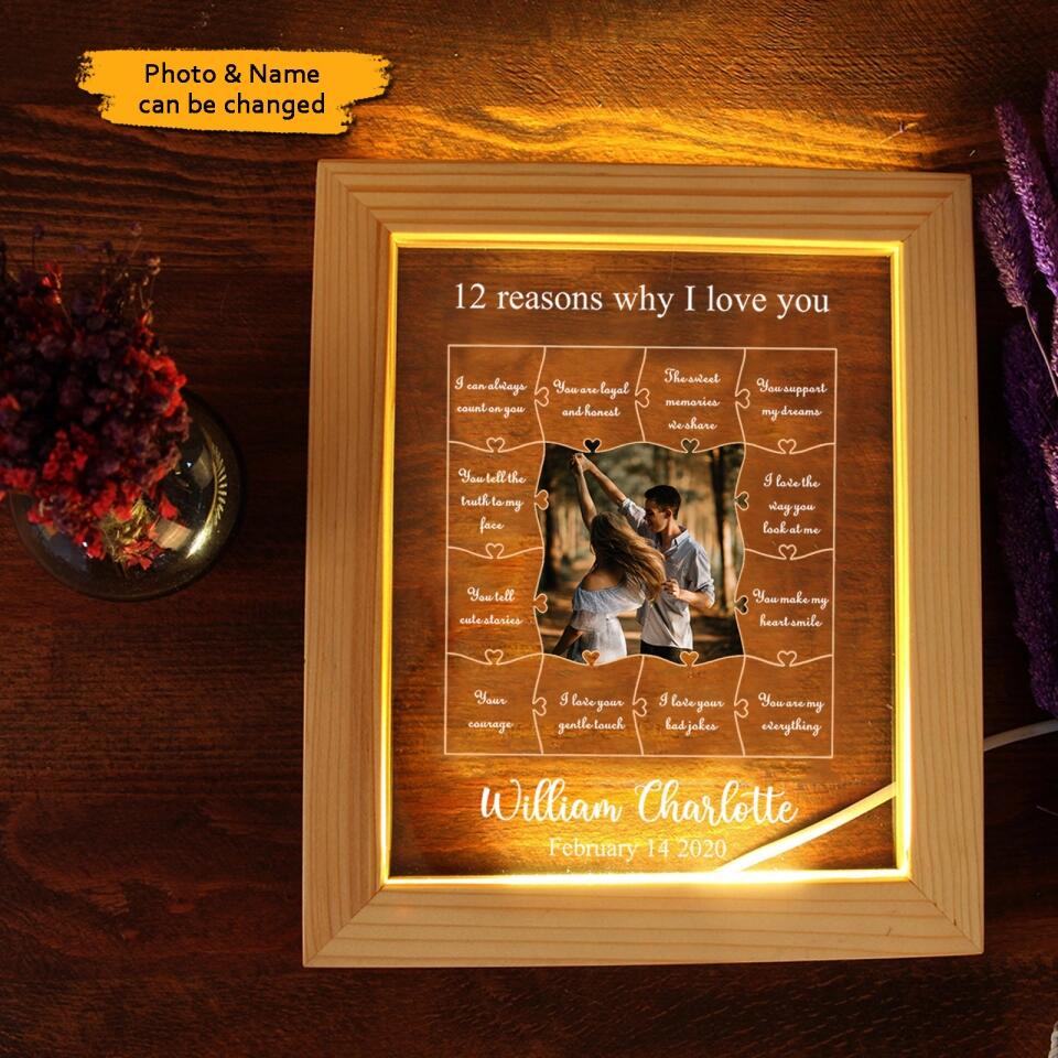 12 Reasons Why I Love You - Personalized Wooden Frame Lamp - Best Gift for Couple