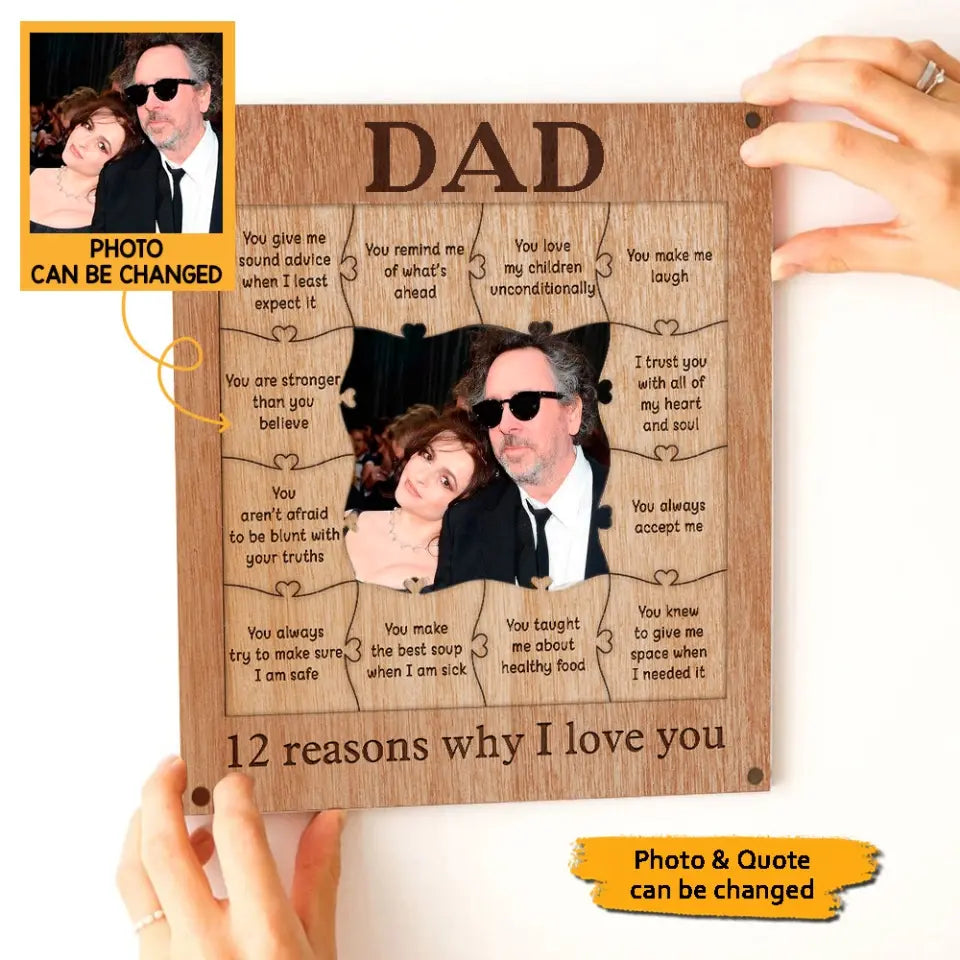 Dad 12 Reasons Why I Love You Wooden Puzzle Piece Collage - Personalized Wooden Frame