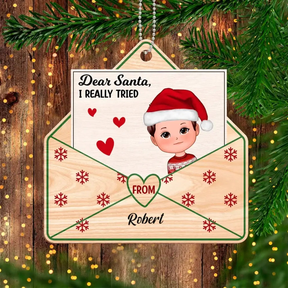 Dear Santa Christmas Kids Envelope Shaped Personalized Wooden Ornament
