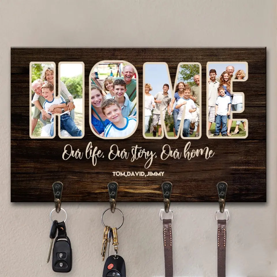(Photo Inserted) Our Life, Our Story, Our Home - Personalized Custom Rectangle Shaped Key Hanger, Key Holder - Gift for Family