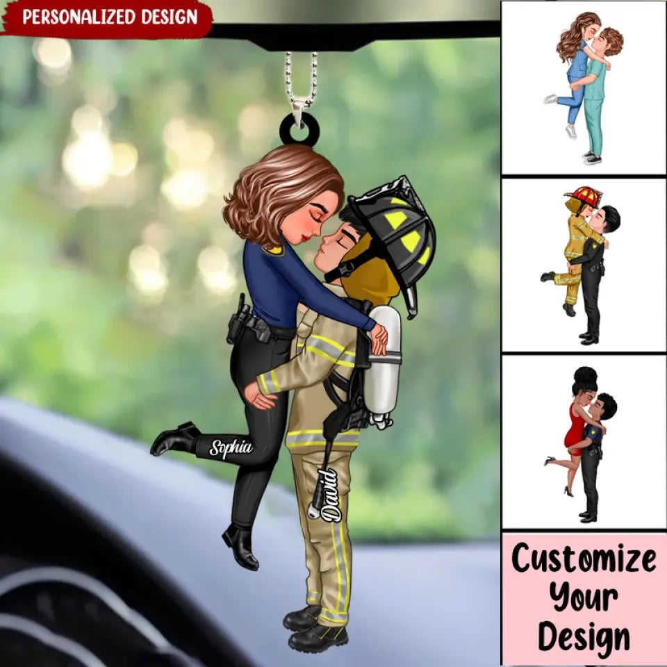 Personalized Hug Doll Couple Ornament By Occupations, Firefighter Nurse Teacher Police Gift, Car Ornament For Lover, Gift For Husband Wife, Anniversary