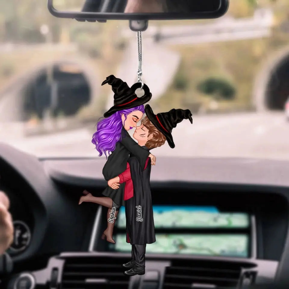 Wickedly Adorable Halloween Couple Kissing and Hugging Personalized Car Ornament